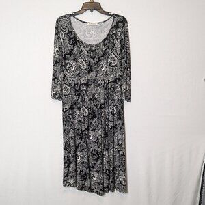 BAISHENGGT, Black/White Paisley, 3/4 Sleeve Midi Stretch Sheath Dress; Size L